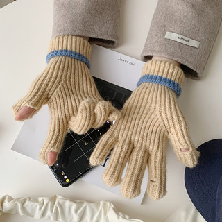 韩国毛线针织贴标学生可爱分指露指触屏手套女秋冬季保暖防寒骑车
