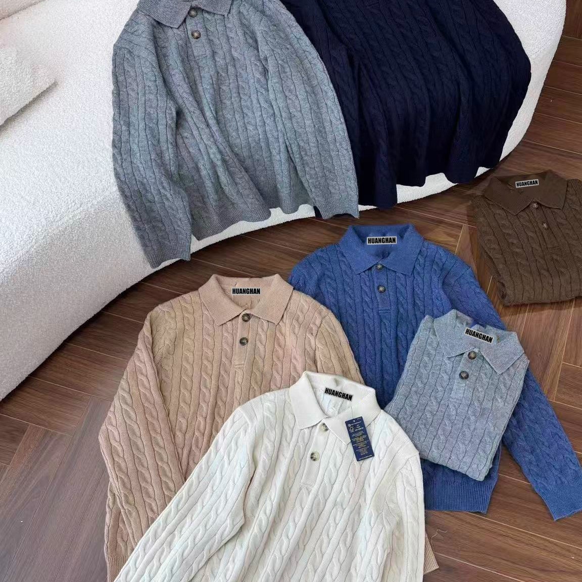 RL男秋冬季针织毛衣绞花编结翻领POLO衫毛衣羊毛羊绒保暖针织毛衣