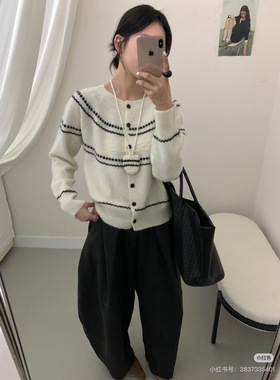 YZY 韩系简约费尔岛氛围感条纹提花肌理感浣熊羊毛开衫毛衣外套女