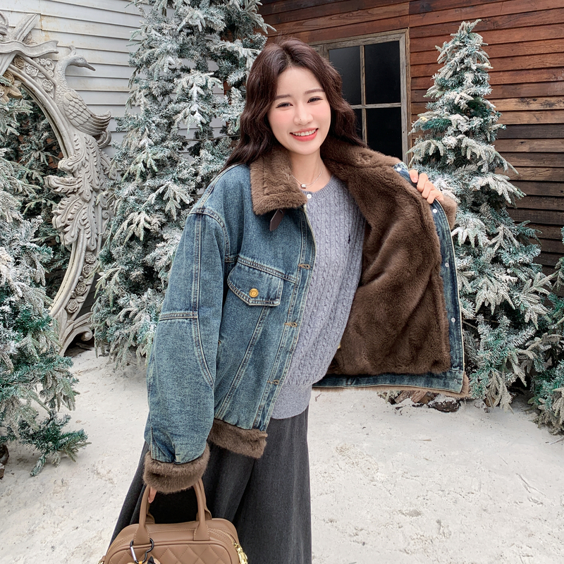 新款25冬季牛仔拼毛短款保暖外套2C215-P198-K258