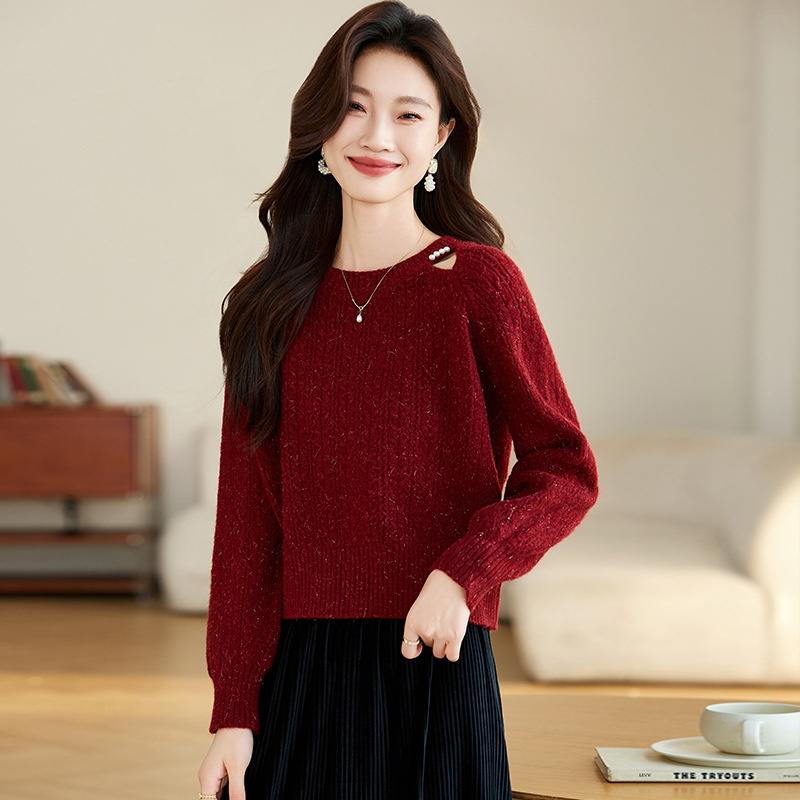 红色针织衫毛衣女短款2024新款秋