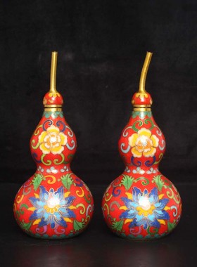 铜器摆件居家装饰礼品复古怀旧纯铜彩绘景泰蓝铜葫芦一对花开富贵