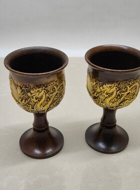古玩铜器收藏黄铜仿紫铜鎏金龙凤酒杯家用高脚杯铜酒杯 龙凤呈祥