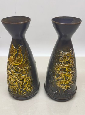 铜器收藏古铜色鎏金龙凤分酒器 酒盏 小花瓶 家居摆件 复古铜器