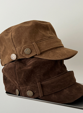 TAAK高级感麂皮绒海军帽子女秋冬天复古时尚平顶帽鸭舌报童八角帽