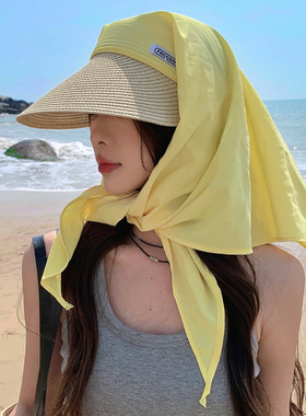 夏季黄色草编绑带护颈头巾帽子女韩国新款出游遮阳防晒空顶鸭舌帽