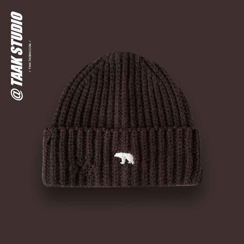 北极熊破洞毛线帽子女秋冬