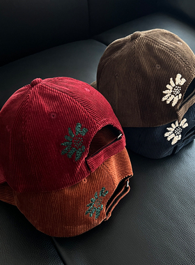 TAAK韩国新款复古花朵刺绣灯心绒鸭舌帽子女秋冬显脸小棒球帽潮男