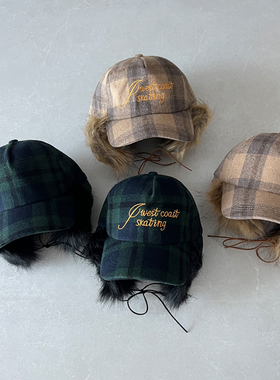 宁艺卓同款格纹雷锋帽子女冬天韩国保暖护耳帽毛绒鸭舌飞行帽TAAK