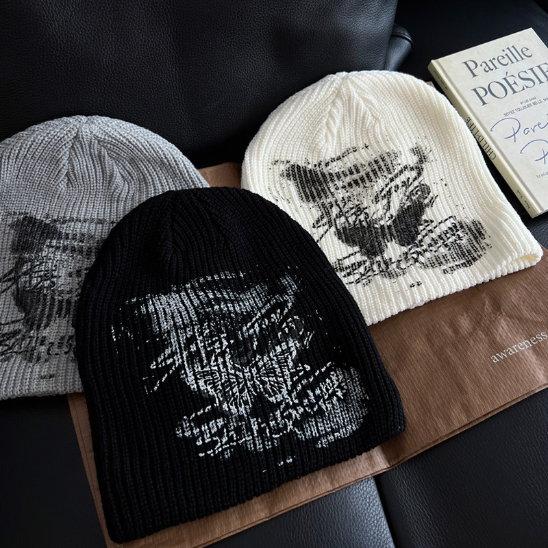 TAAK街头涂鸦蝴蝶毛线帽子女秋冬天套头帽显脸小针织帽男小众冷帽