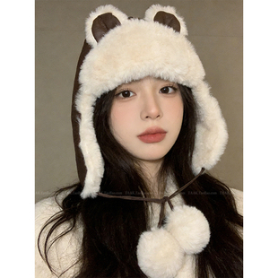 TAAK可爱兔耳朵皮质雷锋帽子女冬天旅游保暖骑车护耳滑雪帽飞行帽