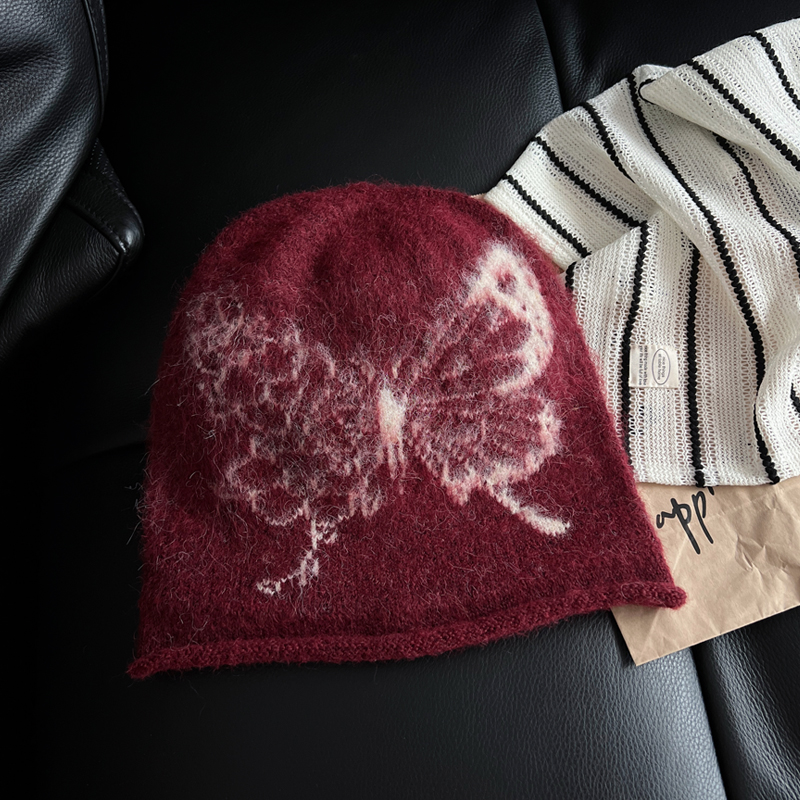 日系蝴蝶提花毛线帽子