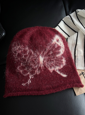 TAAK日系蝴蝶提花毛线帽子女秋冬天套头帽大头围显脸小针织帽冷帽