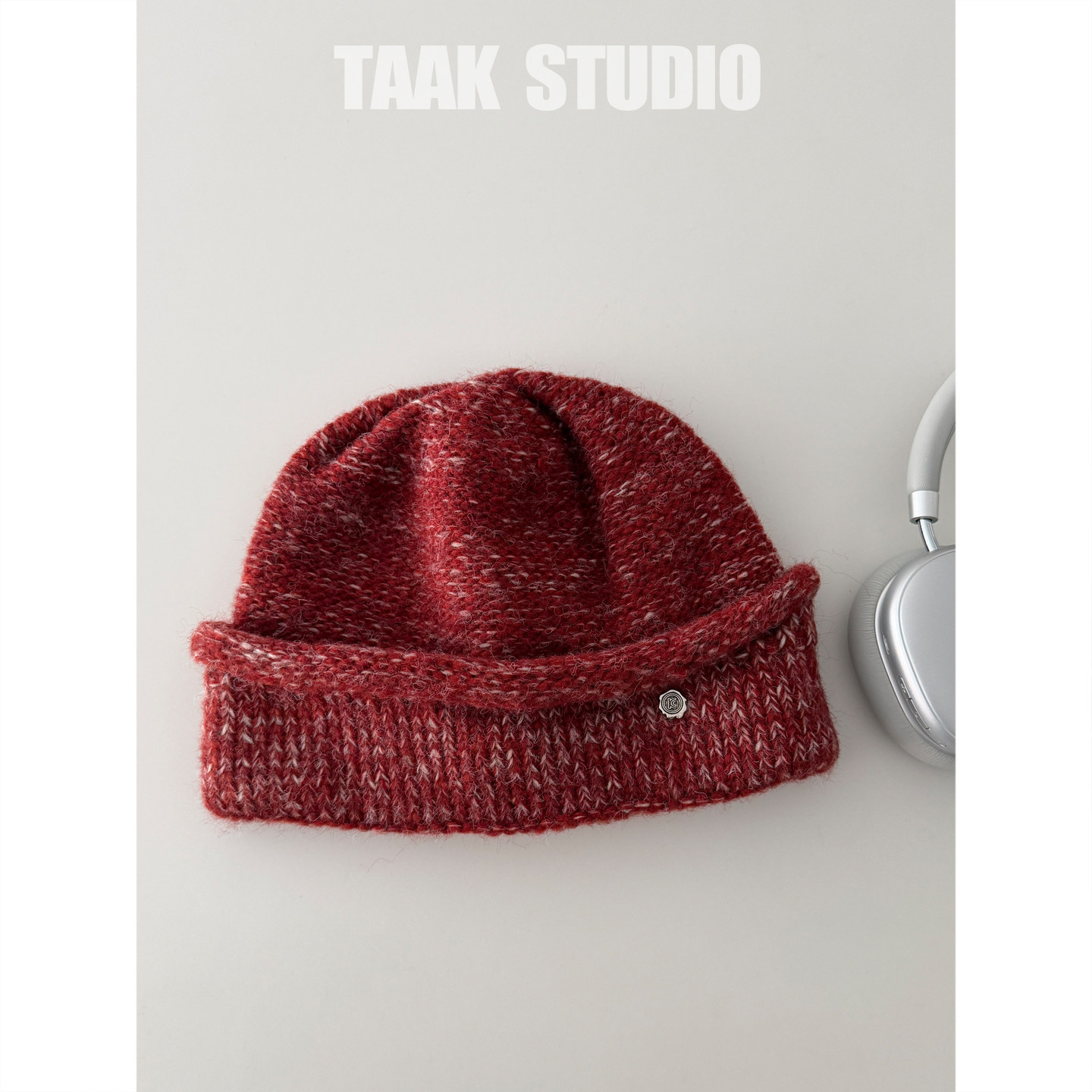 TAAK日系复古红色翻边毛线帽子女秋冬天保暖护耳套头帽针织帽冷帽