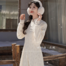 新中式 花绒 百搭仿旗袍裙秋冬加绒双层蕾丝羽毛连衣裙 袂语 衫