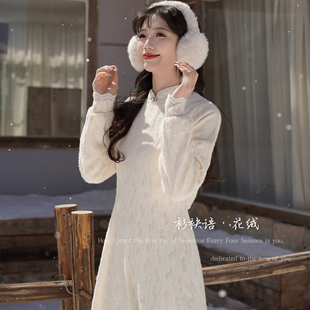 新中式 花绒 百搭仿旗袍裙秋冬加绒双层蕾丝羽毛连衣裙 袂语 衫