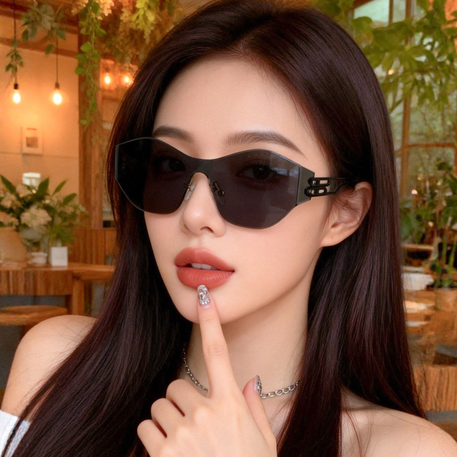 新款女士防紫外线太阳镜高级感未来风一体式猫眼墨镜无框韩版眼镜