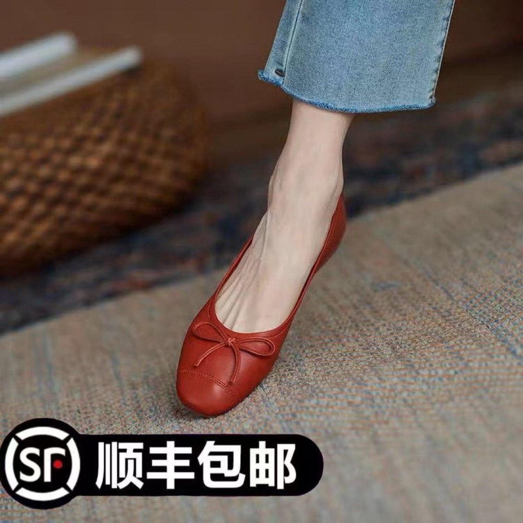 品牌特价女鞋2023年小香风真皮单鞋女蝴蝶结芭蕾鞋平底舒适豆豆鞋