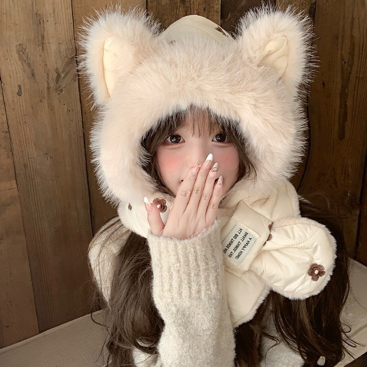 秋冬加绒护耳狐狸耳围巾一体帽