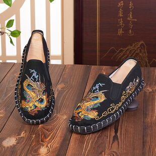 老北京手工布鞋男春秋刺绣透气休闲百搭防滑社会青年帆布豆豆鞋子
