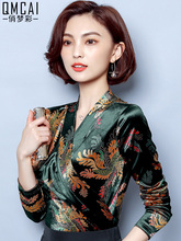 韩版 潮 衬衫 洋气长袖 金丝绒上衣女秋冬V领印花显瘦打底衫 百搭修身