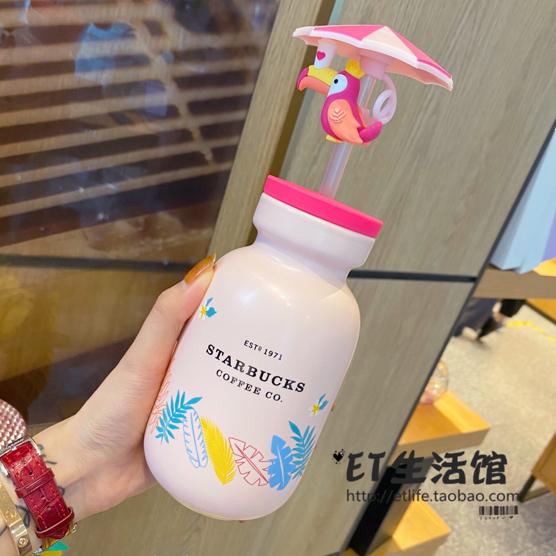 星巴克杯子2021夏日限量新款大嘴鸟粉色可爱陶瓷吸管杯女生喝水杯