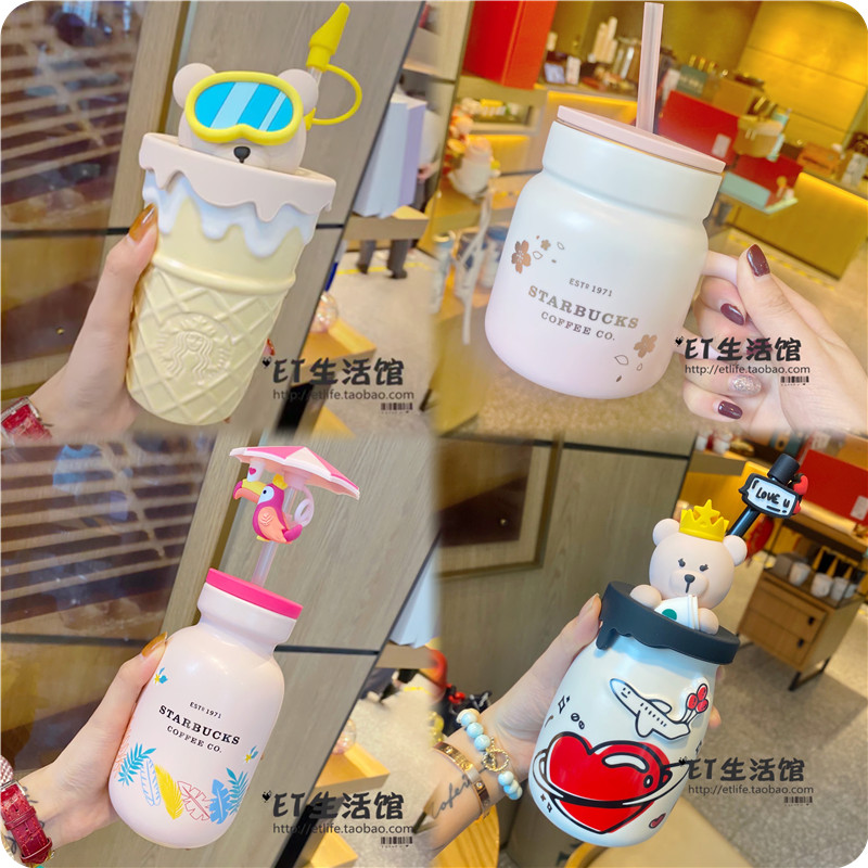 星巴克杯子2026夏日大嘴鸟可爱女生爱心小熊吸管陶瓷牛奶瓶喝水杯