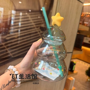 2022星巴克杯子 圣诞礼物小熊限量新款 立体圣诞树造型玻璃吸管杯