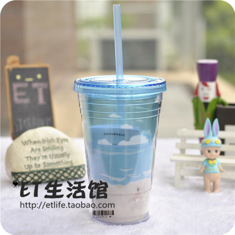 星巴克杯子 正品2018韩国夏日新款限量 蓝色沙滩吸管杯冰杯随行杯