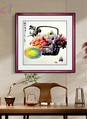 中式餐厅水果斗方装饰画正方形挂画客厅玄关墙壁背景画一件代发y6
