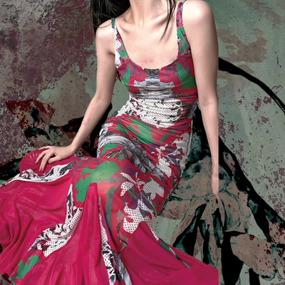 县城之墟撞色印花亚文化复古辣妹露背吊带修身显瘦连衣裙