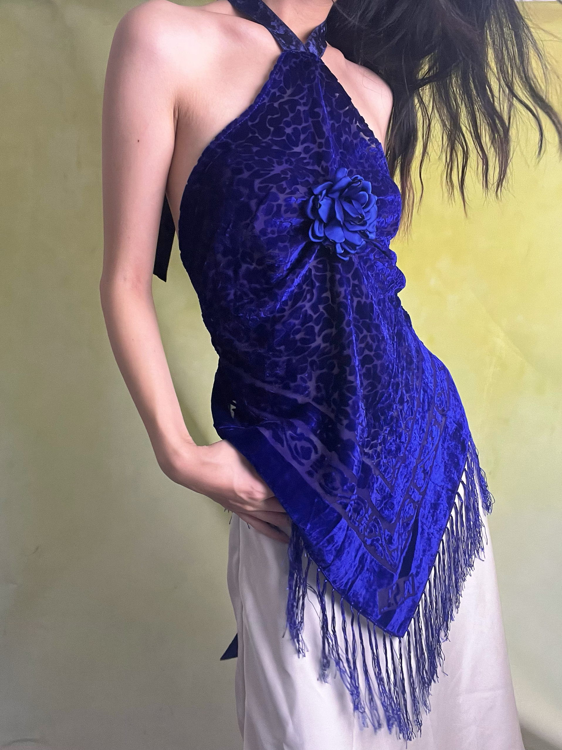 宝蓝复古真丝烧花流苏辣妹度假挂脖丝绒露背吊带挂脖上衣