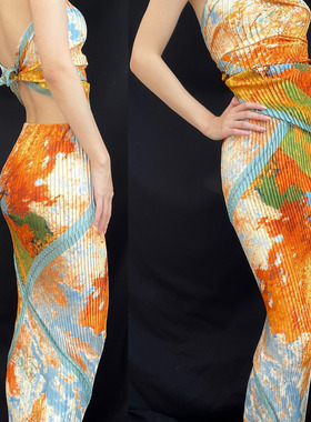 正版现货ANTIMOON新中式五色石吊带丝巾上衣油画印花艺术辣妹度假