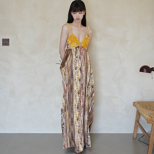 ANTIMOON金乌葵黄晕染纹印花新中式艺术度假风吊带连衣裙长裙
