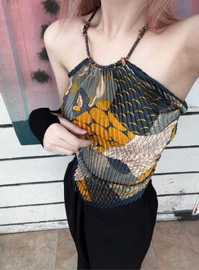 ANTIMOON金棕绿虎眼石椰壳露背印花褶皱艺术辣妹吊带度假丝巾上衣