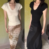 一片式 辣妹T恤上衣 显瘦U领短袖 短袖 售完无补 极简贴合修身