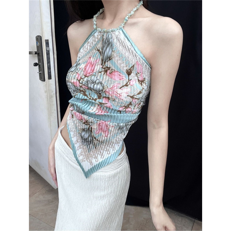 水绿玉兰印花不规则术辣妹上衣