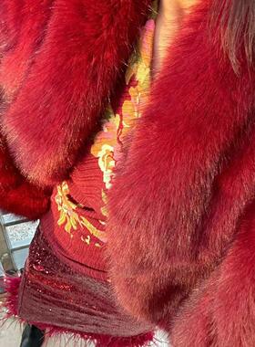 【售完不补】安可拉红复古摩登仿狐狸毛短款环保皮草红色毛毛大衣