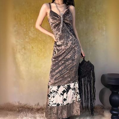 古铜茶棕复古钻石丝绒拼接烧花光泽气质吊带长连衣裙