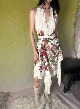浪漫花卉中古印花度假风叠穿清凉露背度假风丝巾连衣裙