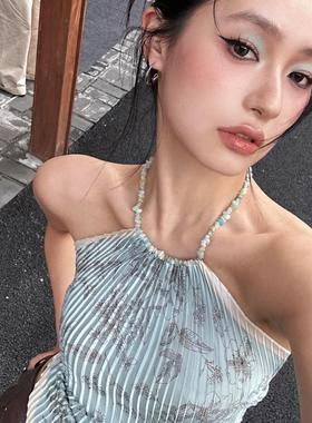 正版现货ANTIMOON浅蓝描花薄荷曼波冰凉碎玉辣妹褶皱丝巾上衣