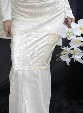 【售完无补】月白如银百搭简约素雅棉麻褶皱拼接钻石丝绒半身裙