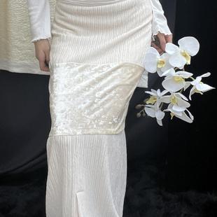 【售完无补】月白如银百搭简约素雅棉麻褶皱拼接钻石丝绒半身裙