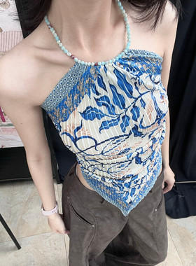 ANTIMOON景德镇寿山石挂脖吊带露背褶皱艺术辣妹度假上衣