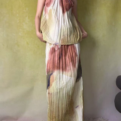 山石水彩晕染挂脖无袖连衣裙套装