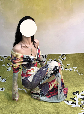 游园美人仕女图新中式中古Vintage高缇耶风印花针织套装连衣裙