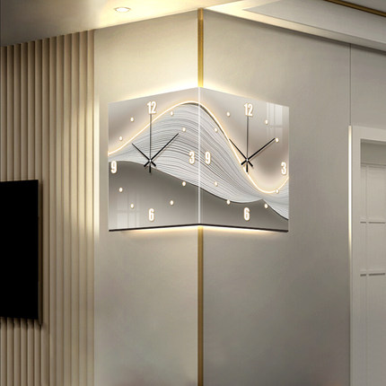 免打孔创意转角时钟网红款客厅发光双面挂钟轻奢led壁灯拐角钟表