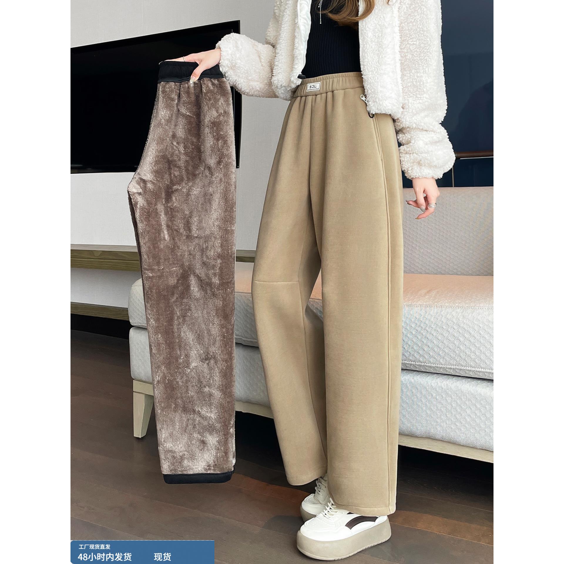 加绒阔腿裤女秋冬季胖妹妹mm大码显瘦保暖棉裤加厚羊羔绒直筒裤子