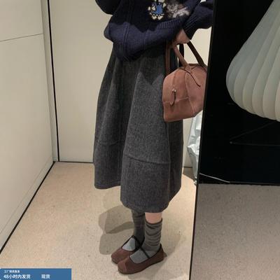 深灰色毛呢半身裙女秋冬复古超好看a字伞裙miu系梨形伯克利中长裙