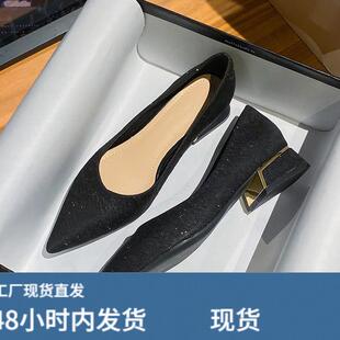 鞋子女小个子显高粗跟配裙子气质单鞋尖头低跟瓢鞋大尺码女鞋41一